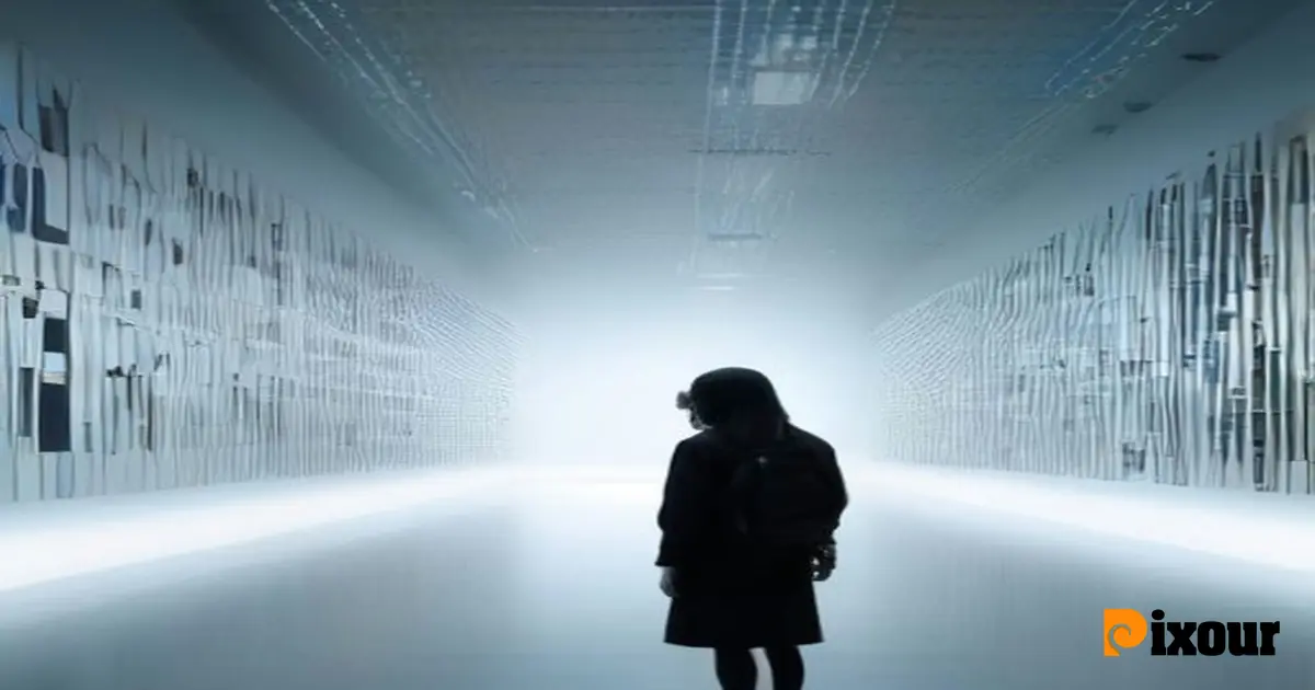 A cold, empty future museum interior displaying chaotic digital art without human curation