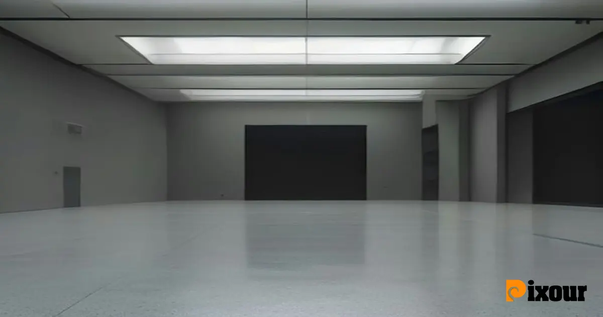 A cold, empty future museum interior displaying chaotic digital art without human curation