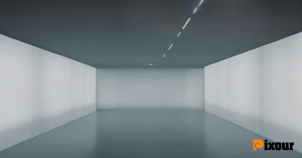 A cold, empty future museum interior displaying chaotic digital art without human curation